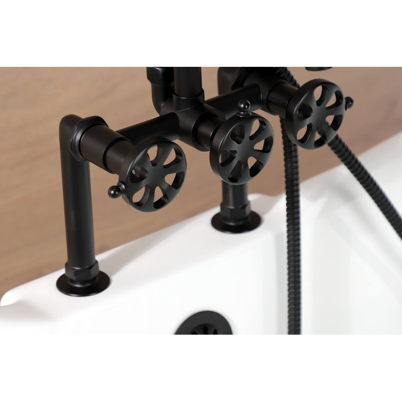 Kingston Brass Belknap Three-Handle 2-Hole Deck Mount Clawfoot Tub Faucet with Hand Shower, Matte Black