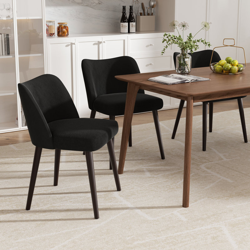 Modern Curved Back Dining Chair With Wood Legs, Upholstered Accent Chair For Kitchen & Living Room, Black