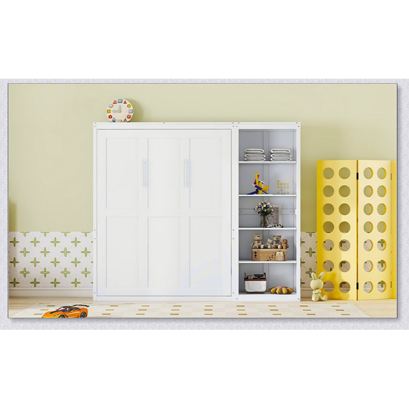 Grand lit escamotable mural avec tablettes, blanc