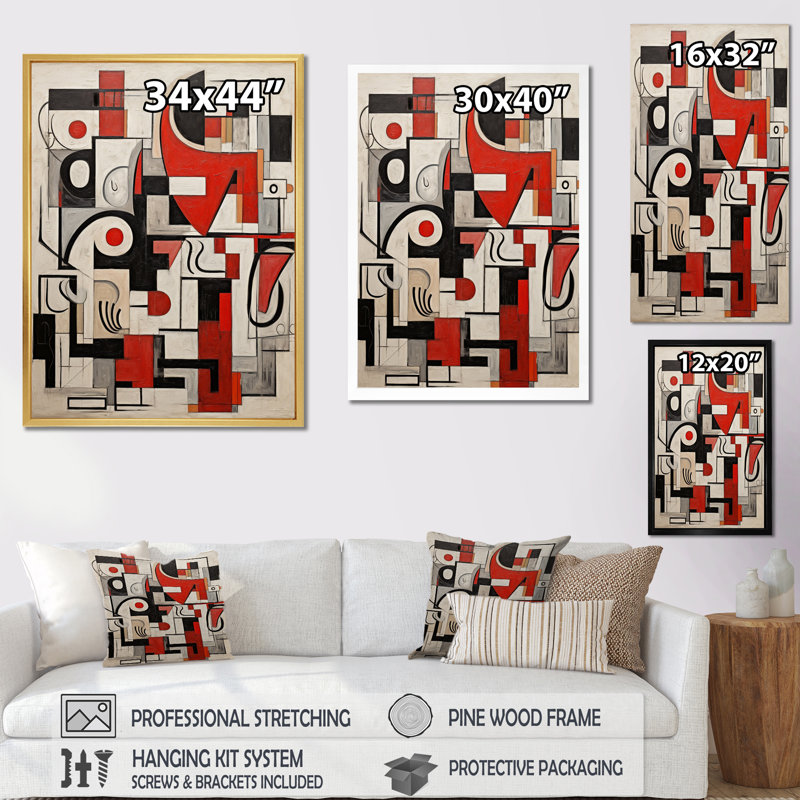 "Urban Passion" abstrait rouge noir blanc - impression sur toile géométrique moderne, H 32 po x l 24 po x P 1 po