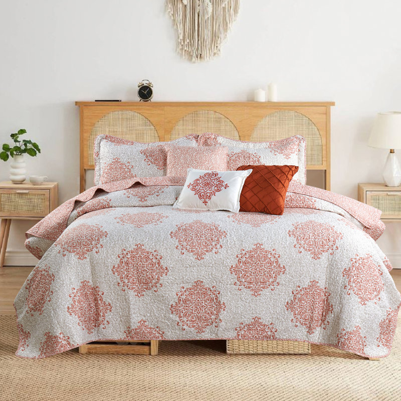 Ensemble de courtepointe en microfibre 6 pièces Chelsea, Couvre-lit très grand / 5 pièces supplémentaire, Corail