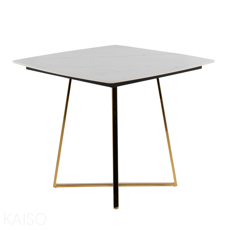 Table avec base en métal doré et bois noir avec plateau en céramique effet marbre blanc, Doré / Blanc