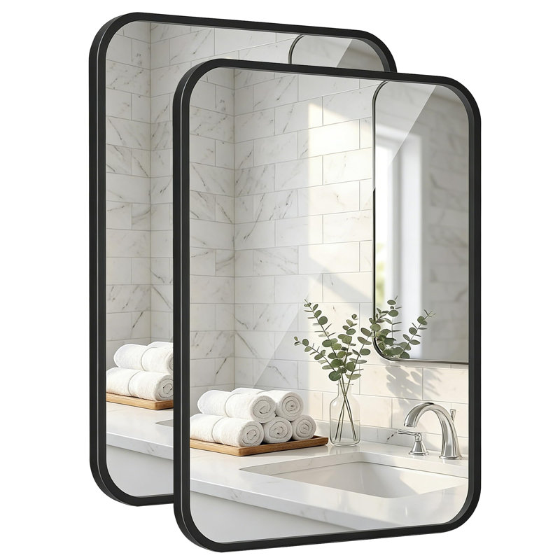 Ensemble de miroirs muraux modernes en verre trempé avec cadre en métal pour salle de bain, Noir mat, 36 po x 24 po