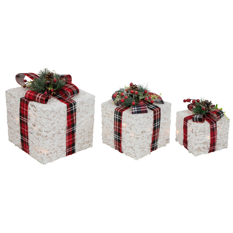 Set of 3 Lighted White and Red Plaid Christmas Gift Boxes