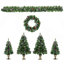 6PCS Christmas Tree Set – 4 Trees with Sturdy Bases, 1 Pre-Lit Wreath, 1 Garland, Warm White Lights, Easy to Shape & Wobble-Free