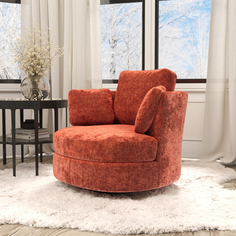 40.35"w Upholstered Cheniile Barrel Accent Swivel Chair, Terracotta