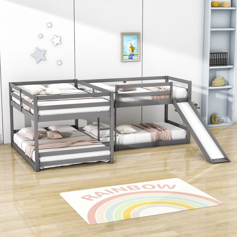 Ernaldus Full over Full and Twin over Twin L-Shaped Bunk Bed with Slide and Ladder, Gray
