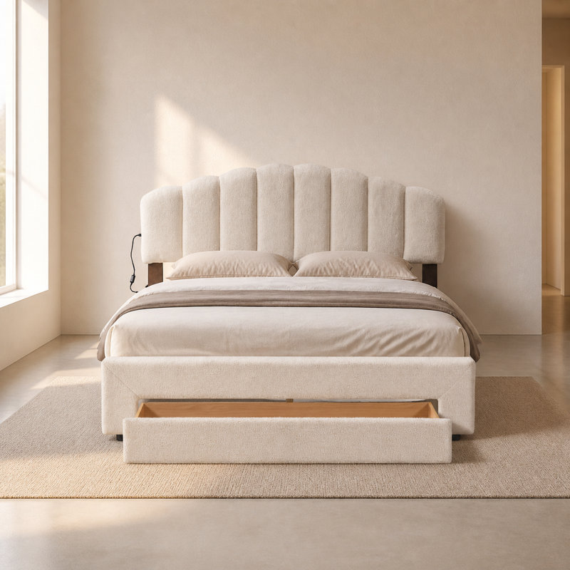 Grand lit plateforme tapissier avec tiroir de rangement sous le lit, système d'éclairage à DEL contrôlé par application intelligente, deux ports de charge USB sur la tête de lit rembourrée, revêtement en molleton doux, support à lattes robuste