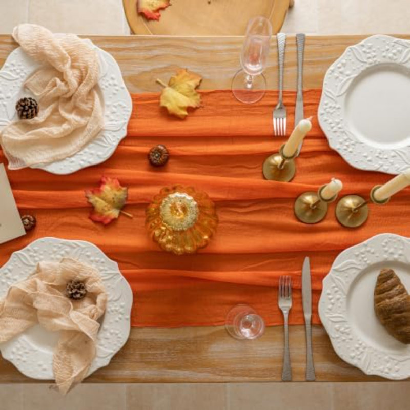 2Pcs Fall Orange Cheesecloth Table Runner 120 Inch Party Home Décor