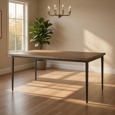 Table de salle à manger Lemy, plateau rectangulaire brun de 72 pouces, structure en métal noir
