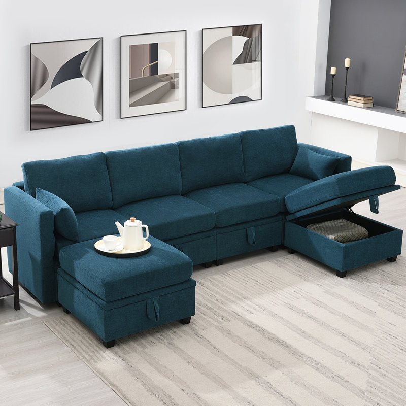 Canapé modulaire 6 pièces rembourré, Chenille bleu