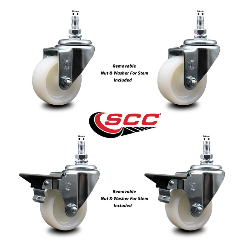 3 Inch Nylon 10MM Threaded Stem Caster Set 2 Brakes SCC
