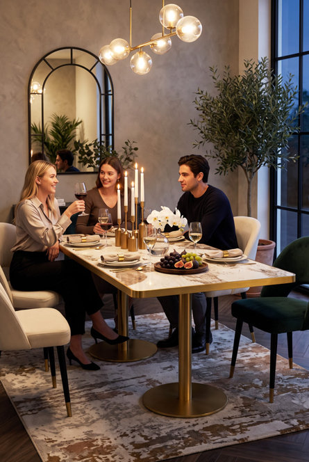 Modern Marble Table with Gold Pedestals