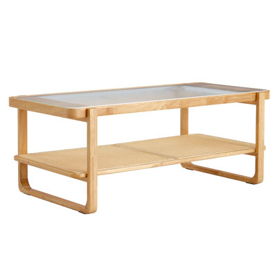Modern Simple Rectangular Solid Wood Tea Table With Glass Top And Woven - Beautiful For Dining Room Desktop Transparent Elegant Living Room,