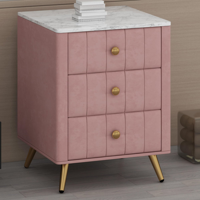 Table de chevet rembourrée avec tiroirs, pieds en métal et marbre, Rose