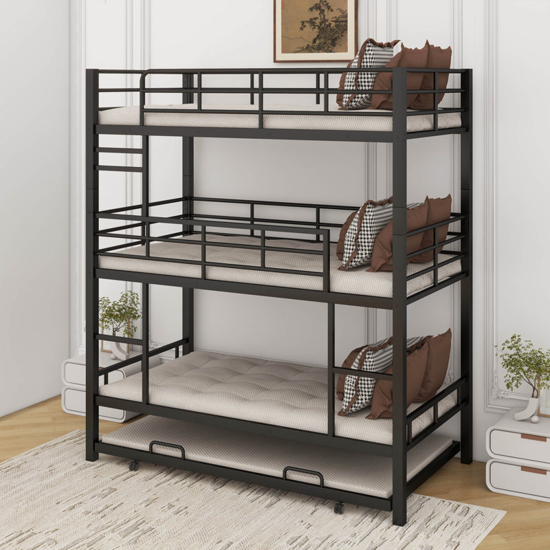 Twin Size Metal Triple Bunk Bed With Trundle, Black