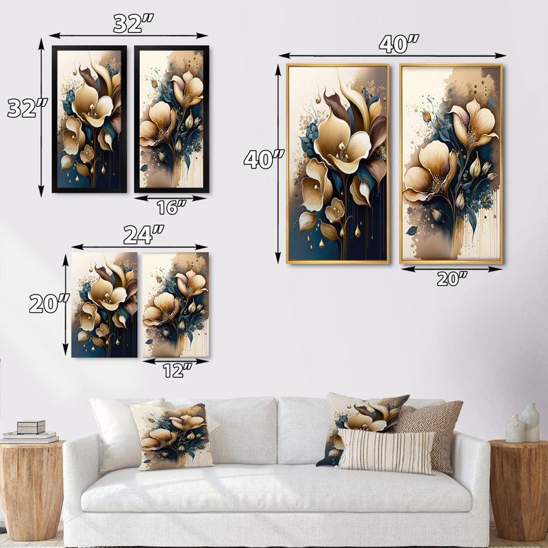 «Deep Blue Calla Lily Bouquet VI», 2 pièces sur toile, Cadre noir, H 20 po x l 24 po