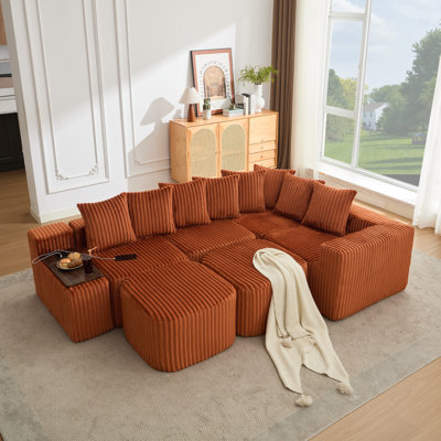 Canapé en U en velours côtelé, 137,5 po avec chargement USB et sans fil, table basse et porte-gobelet, conception modulaire mobile, 6 sièges, sans assemblage
