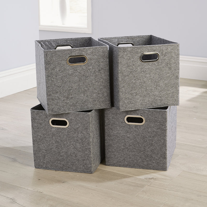Pack of 4 Folding Soft Storage Utility Cube Basket Boxes, Grey Felt