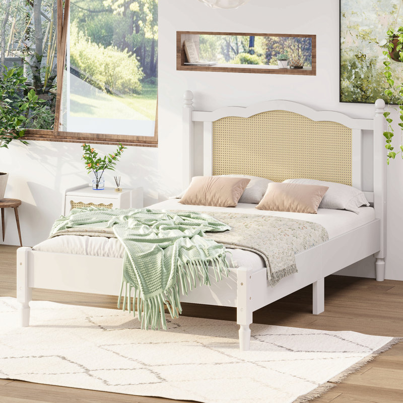 Wooden Platform Bed With Natural Rattan Headboard, Vintage Bed Frame With Wooden Slat Support, Black, Full