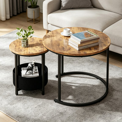 Ensemble de 2 tables basses gigognes modernes avec panier de rangement, tables d'appoint rondes en bois et en métal pour le salon