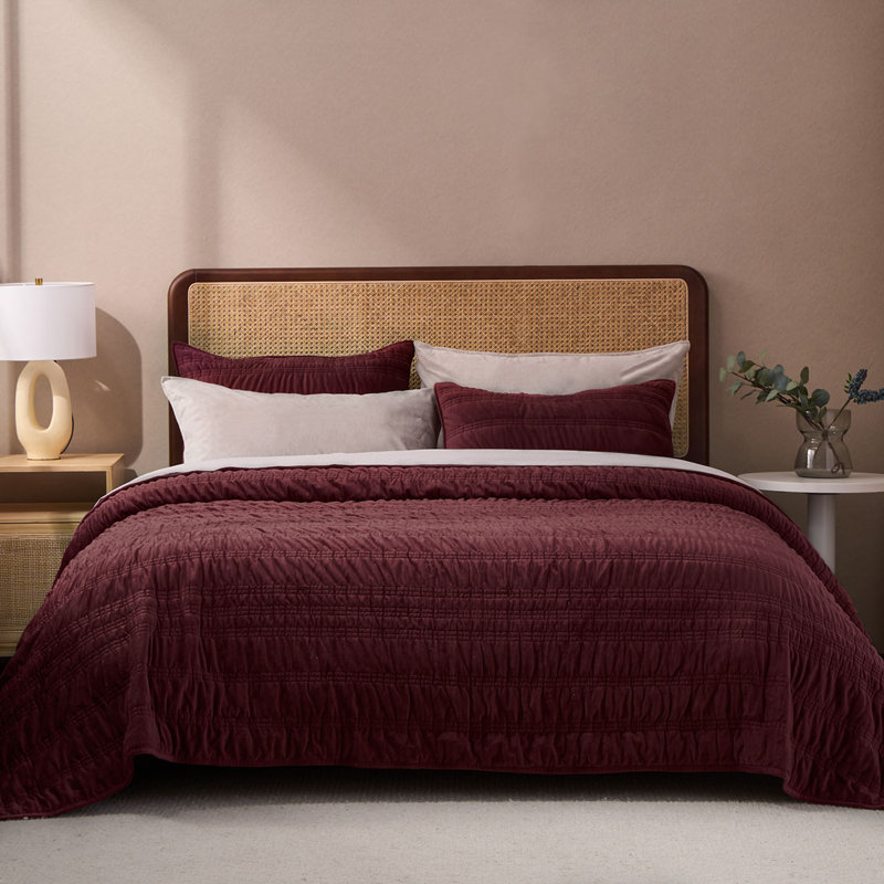 Ruched Crystal Velvet Comforter Set - Luxury Plush Bedding with 2 Shams, Burgundy, Queen Quilt + 2 Queen Pillow Shams