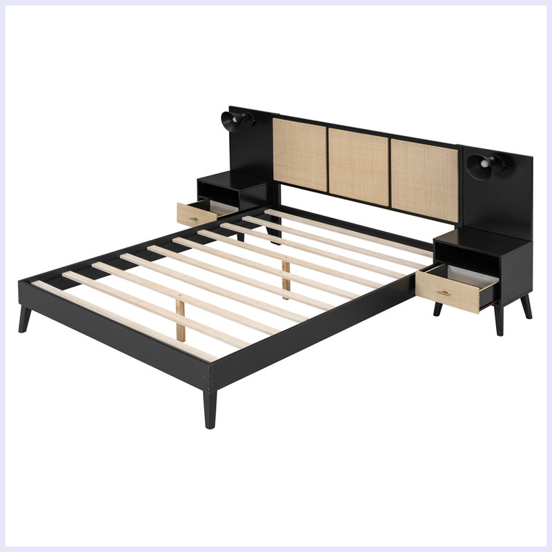 Cherno Wooden Rattan Bed Frame, Black