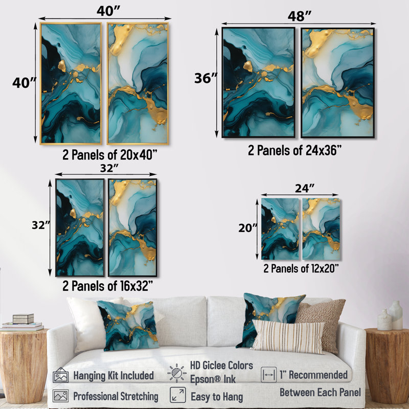 Turquoise doré infusé marbre II - fractales abstraites, art mural, H 36 po x l 48 po, Argent argent