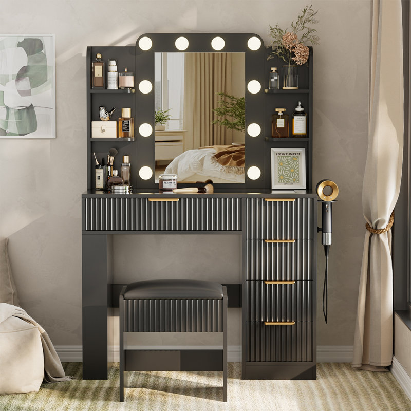 Vanity Table With Mirror And Lights, Vanity Desk And Cushioned Stool Set With Charging Station, Storage Drawers And Transparent Tabletop For Women  Bedroom