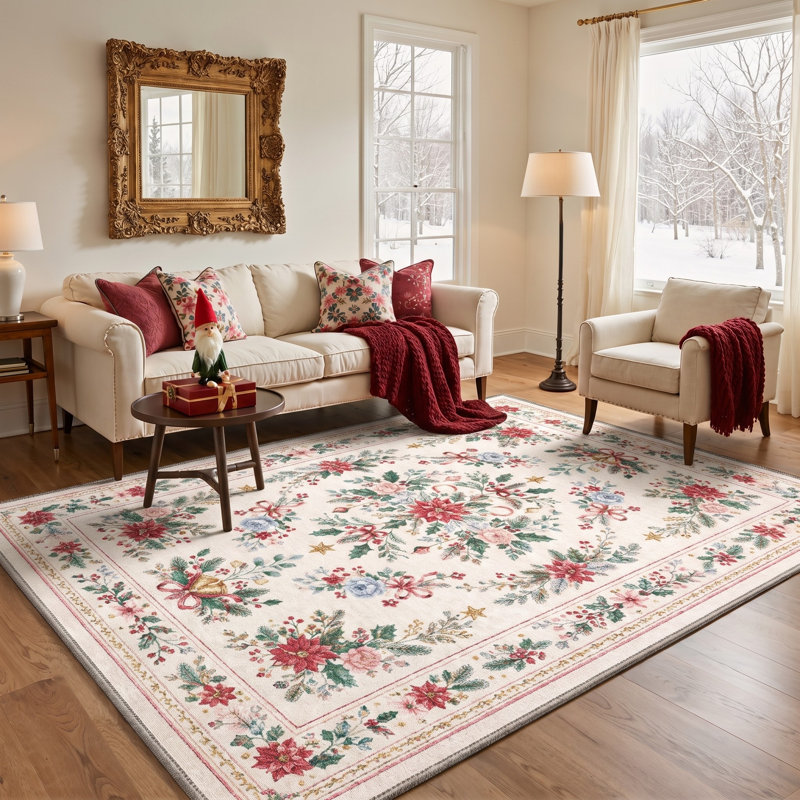 Tapis de Noël vintage à motif floral botanique, lavable à la machine, ivoire et rouge, avec envers antidérapant