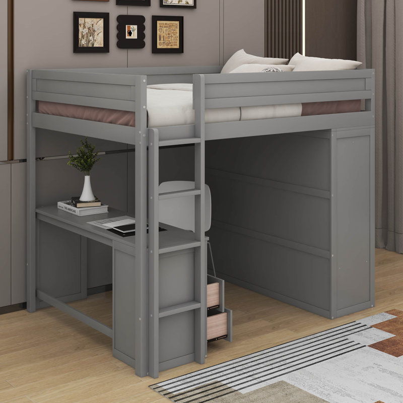 Lit mezzanine double avec placards et bureau, Gris