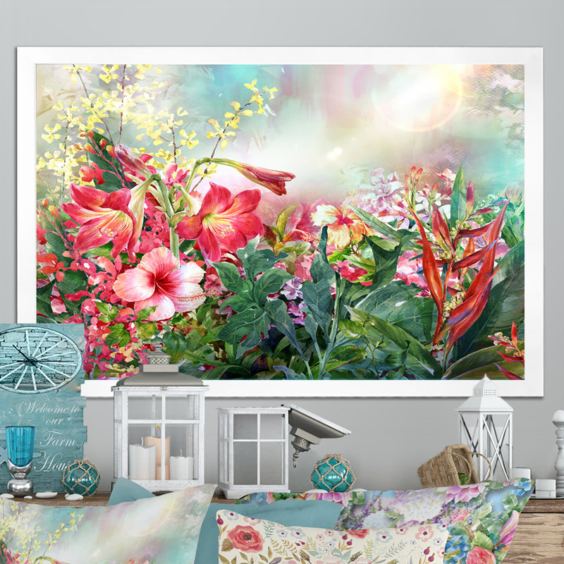 " Multicolor Spring Flowers Impression " Painting Print, White Picture Framed, 16'' H x 32'' W x 1'' D