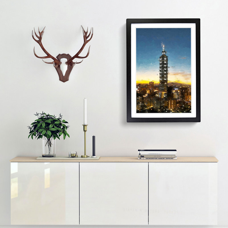 Taipei City in Taiwan Abstract Art - Framed Print, 87cm H x 62cm W x 2cm D, Black Framed