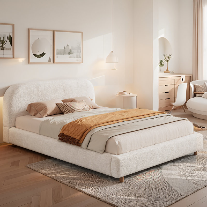 Boucle Upholstered Low Platform Bed with Headboard, King, White Boucle 1