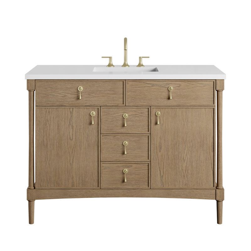 Kinnsden 48" W Single Vanity, White Zeus Silestone, 8" Widespread, Weathered Oak