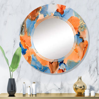 Bleu et brun luxe abstrait fluide Art VII - miroir mural moderne rond