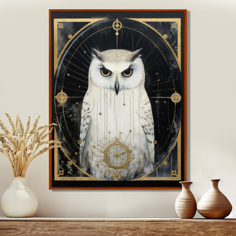 Reproduction d'art mural hibou blanc - Sagesse rétro glamour, Toile brune avec cadre flottant, H 32 po x l 24 po