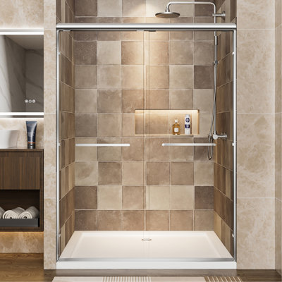 50"-54" W x 72" H Chrome Aluminum Frame Double Sliding Shower Door, 1/4" (6mm) Clear Tempered Glass With Explosion-proof Film, Dual Stainless Steel Handles
