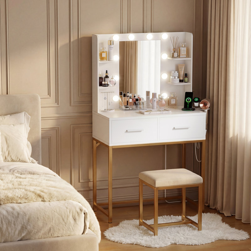 Meuble-lavabo avec base en acier inoxydable robuste, miroir éclairé et prise de courant à chargement rapide, coiffeuse avec 2 tiroirs et 4 tablettes
