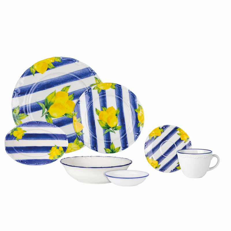 Ensemble de petit déjeuner (26 pièces), Bleu / Blanc / Jaune, À rayures