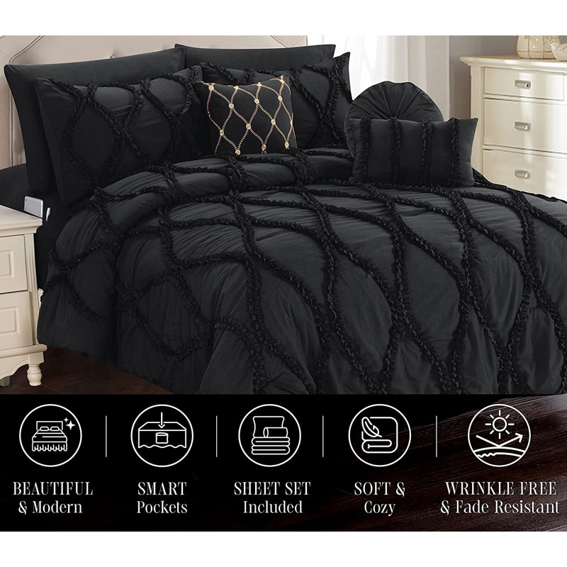 Mocassi 10pc Infinity Geometric Shapes Comforter, Black