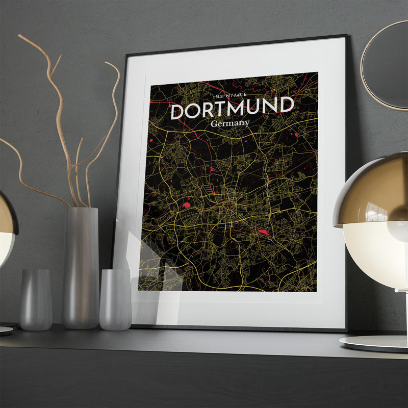 Carte de la ville de Dortmund, impression à Oranje, H 20 po x l 16 po, Noir / rouge / jaune