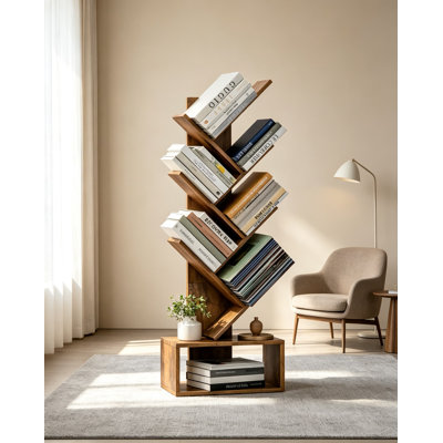 Bibliothèque rustique en forme d'arbre pour petits espaces - Étagère à six niveaux compartimentés avec rangement intégré pour salon, chambre ou bureau - Meuble de rangement étroit avec système anti-basculement