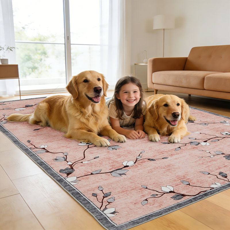 Area Rug for Living Room, Vintage Floral Rug, Washable Non Slip & Low Pile Carpet for Living Room, Bedroom, Dining Room, Pink