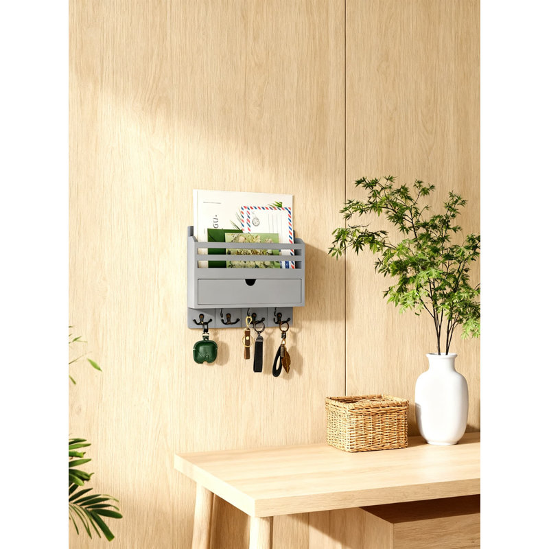 Porte-courrier mural et porte-clés avec tiroir de rangement, organisateur de hall d'entrée en bois avec 7 crochets pour clés, courrier et petits objets, décoration élégante pour la maison et le bureau