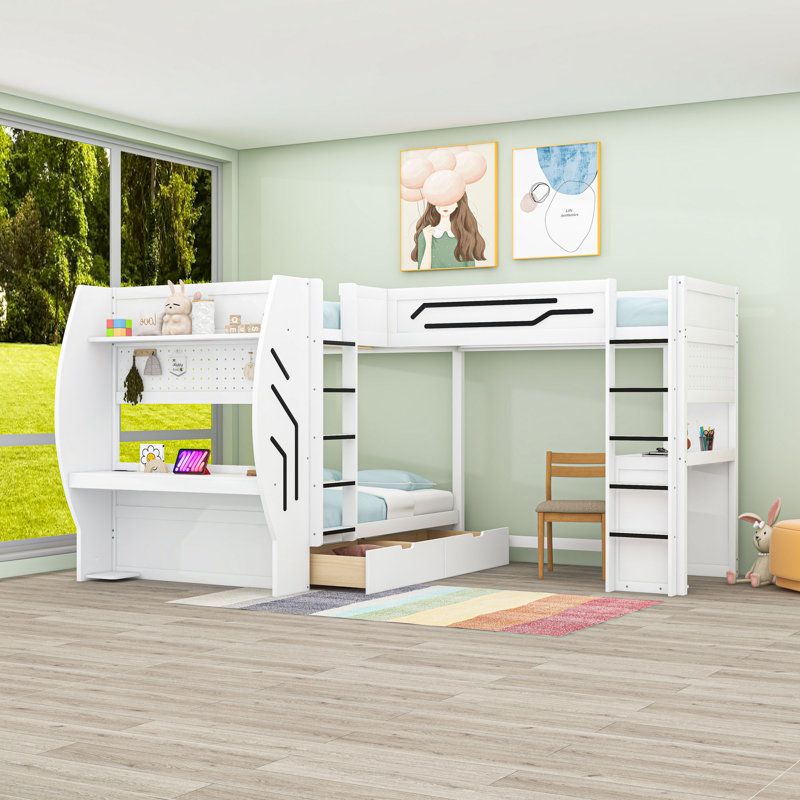 Full over Full and Twin 2 Drawers L-Shaped Bunk Beds with Built-in-Desk and LED Light, White