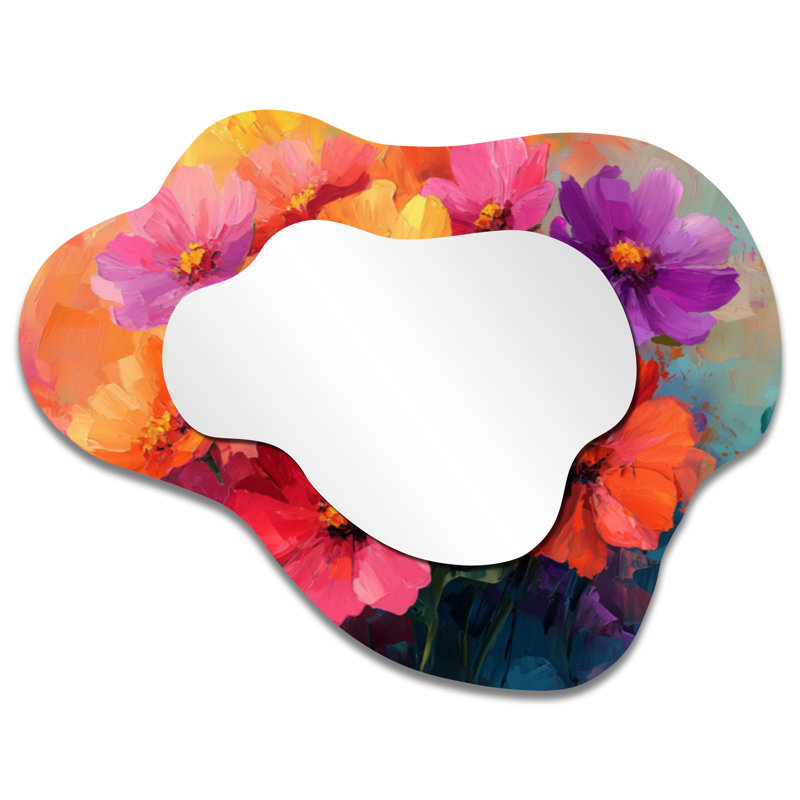 Pop Art Poppies Blossoms In Neon Colors I - miroir décoratif asymétrique coquelicots, miroir mural traditionnel irrégulier, imprimé sur métal