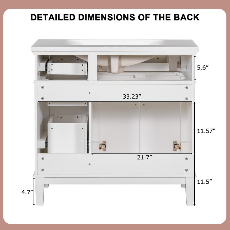 Meuble-lavabo de salle de bain avec lavabo en céramique, portes à fermeture douce, 4 tiroirs de rangement, Blanc