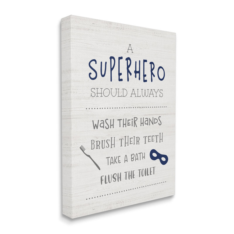 Super-héros, règles de la salle de bain, bonnes phrases d'hygiène, masque bleu, H 40 po x l 30 po, Toile tendue