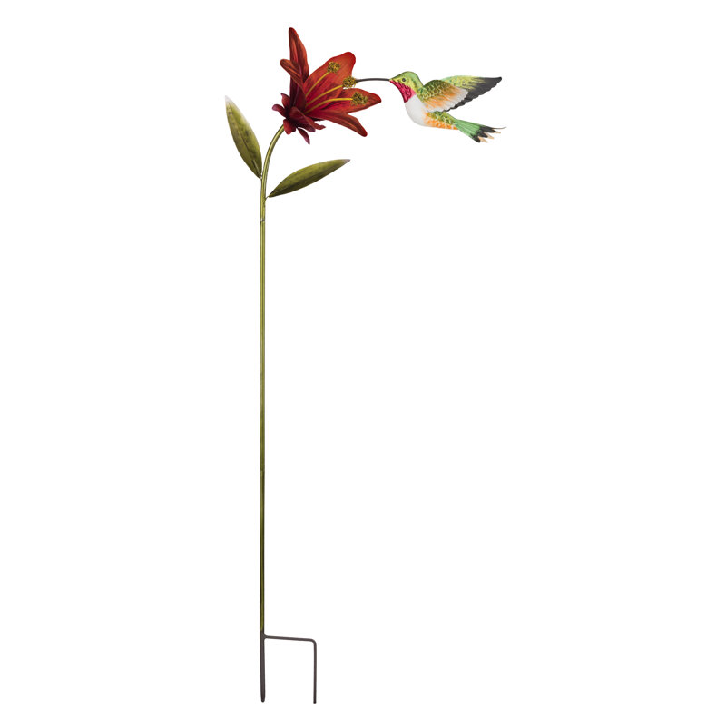 Ruby Throated Hummingbird Flower Stake with Red Lily, 44 Inches